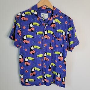 Toucan Hawaiian Blue Button Shirt Mens S Parrot Tropical Florida Vacation Trunks